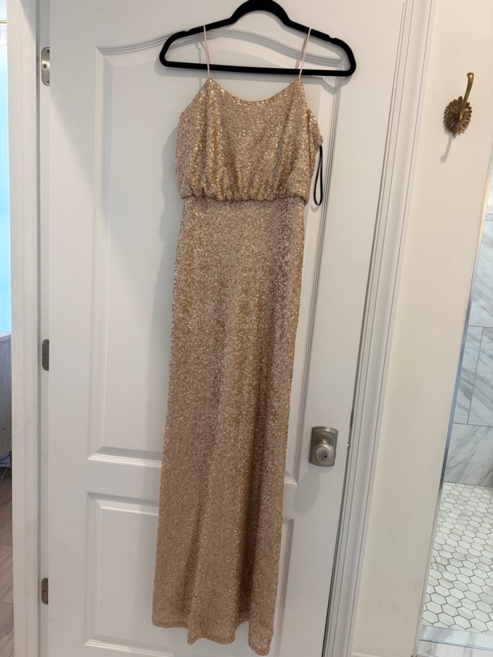 SORELLA VITA Gold Sequin Spaghetti Strap Prom Dress
